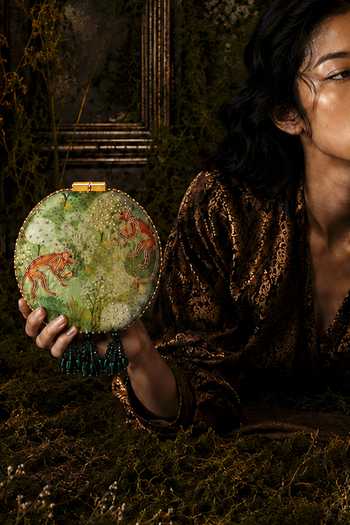 Puneet Gupta Monkey Motif & Forest Print Round Clutch Bag
