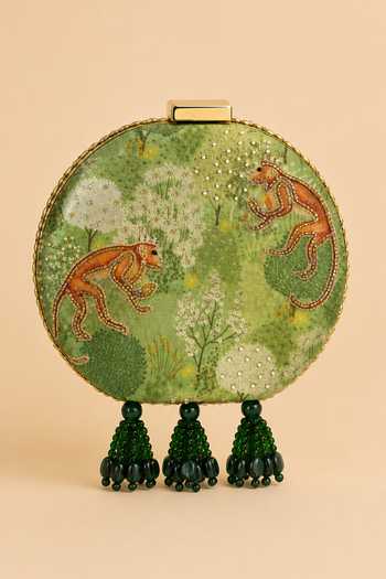 Puneet Gupta Monkey Motif & Forest Print Round Clutch Bag