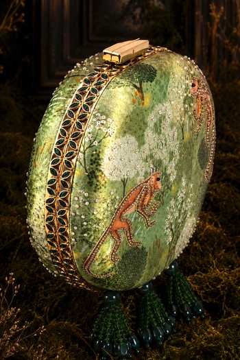 Puneet Gupta Green Monkey Motif And Forest Print Round Clutch Bag Online at Aza Fashions Puneet Gupta_Green Monkey Motif And Forest Print Round Clutch Bag _Online_at_Aza_Fashions