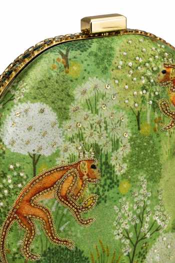 Shop Puneet Gupta Green Monkey Motif And Forest Print Round Clutch Bag Online at Aza Fashions Shop_Puneet Gupta_Green Monkey Motif And Forest Print Round Clutch Bag _Online_at_Aza_Fashions