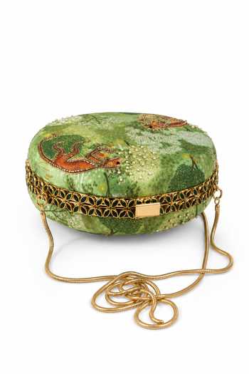 Puneet Gupta Green Monkey Motif And Forest Print Round Clutch Bag at Aza Fashions Puneet Gupta_Green Monkey Motif And Forest Print Round Clutch Bag _at_Aza_Fashions
