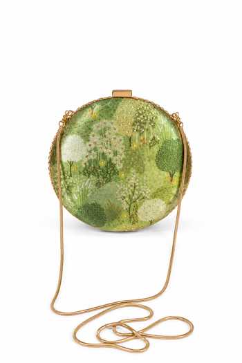 Buy Puneet Gupta Green Monkey Motif And Forest Print Round Clutch Bag Buy_Puneet Gupta_Green Monkey Motif And Forest Print Round Clutch Bag