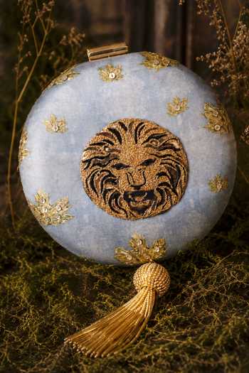 Puneet Gupta Blue Botanical Embroidered Lion Motif Clutch Bag Online at Aza Fashions Puneet Gupta_Blue Botanical Embroidered Lion Motif Clutch Bag _Online_at_Aza_Fashions