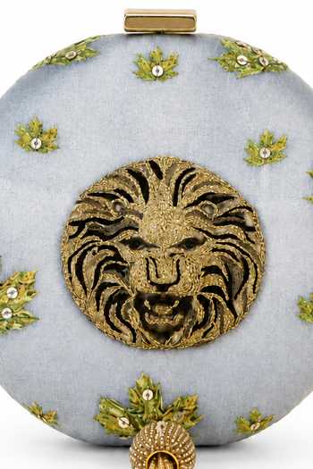 Shop Puneet Gupta Blue Botanical Embroidered Lion Motif Clutch Bag Online at Aza Fashions Shop_Puneet Gupta_Blue Botanical Embroidered Lion Motif Clutch Bag _Online_at_Aza_Fashions