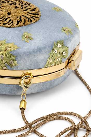 Puneet Gupta Blue Botanical Embroidered Lion Motif Clutch Bag at Aza Fashions Puneet Gupta_Blue Botanical Embroidered Lion Motif Clutch Bag _at_Aza_Fashions