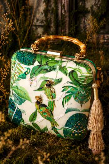 Puneet Gupta Green Forest Print And Parrot Embroidered Clutch Bag Online at Aza Fashions Puneet Gupta_Green Forest Print And Parrot Embroidered Clutch Bag _Online_at_Aza_Fashions