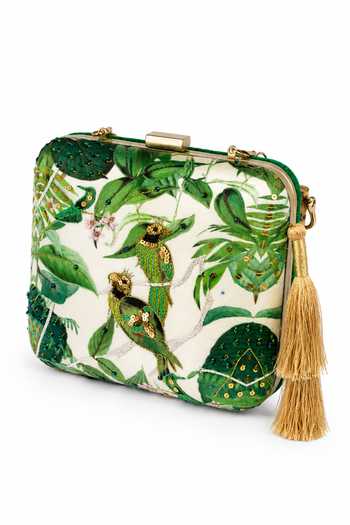 Buy Puneet Gupta Green Forest Print And Parrot Embroidered Clutch Bag Online at Aza Fashions Buy_Puneet Gupta_Green Forest Print And Parrot Embroidered Clutch Bag _Online_at_Aza_Fashions