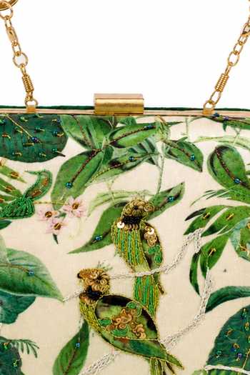 Shop Puneet Gupta Green Forest Print And Parrot Embroidered Clutch Bag Online at Aza Fashions Shop_Puneet Gupta_Green Forest Print And Parrot Embroidered Clutch Bag _Online_at_Aza_Fashions