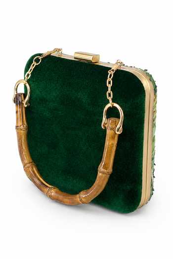 Puneet Gupta Green Forest Print And Parrot Embroidered Clutch Bag at Aza Fashions Puneet Gupta_Green Forest Print And Parrot Embroidered Clutch Bag _at_Aza_Fashions