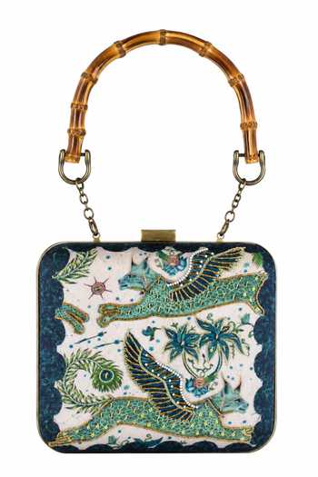 Puneet Gupta Green Embroidered And Mythical Bird Print Clutch Bag Online at Aza Fashions Puneet Gupta_Green Embroidered And Mythical Bird Print Clutch Bag _Online_at_Aza_Fashions