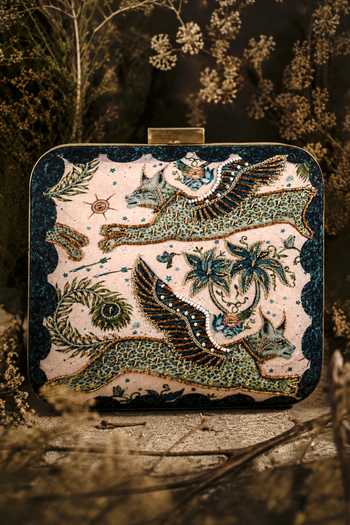 Buy Puneet Gupta Green Embroidered And Mythical Bird Print Clutch Bag Online at Aza Fashions Buy_Puneet Gupta_Green Embroidered And Mythical Bird Print Clutch Bag _Online_at_Aza_Fashions