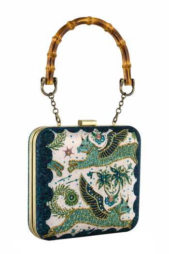 Shop Puneet Gupta Green Embroidered And Mythical Bird Print Clutch Bag Online at Aza Fashions Shop_Puneet Gupta_Green Embroidered And Mythical Bird Print Clutch Bag _Online_at_Aza_Fashions
