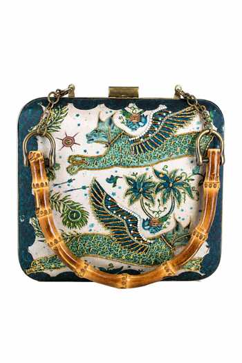 Puneet Gupta Green Embroidered And Mythical Bird Print Clutch Bag at Aza Fashions Puneet Gupta_Green Embroidered And Mythical Bird Print Clutch Bag _at_Aza_Fashions