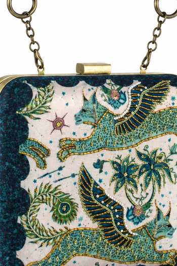 Buy Puneet Gupta Green Embroidered And Mythical Bird Print Clutch Bag Buy_Puneet Gupta_Green Embroidered And Mythical Bird Print Clutch Bag