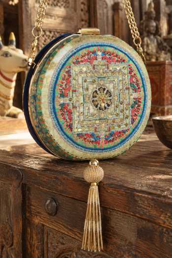 Puneet Gupta Blue Mandala Print And Embroidered Round Clutch Online at Aza Fashions Puneet Gupta_Blue Mandala Print And Embroidered Round Clutch _Online_at_Aza_Fashions
