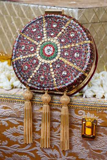 Buy_Puneet Gupta_Blue Mandala Print Round Embroidered Clutch _Online_at_Aza_Fashions