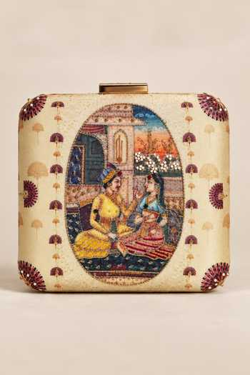 Puneet Gupta Indian Miniature Art Print Embroidered Clutch Bag