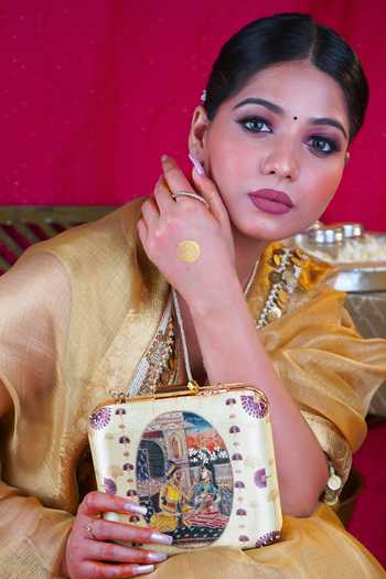 Puneet Gupta Multi Color Indian Miniature Art Print Embroidered Clutch Bag Online at Aza Fashions Puneet Gupta_Multi Color Indian Miniature Art Print Embroidered Clutch Bag _Online_at_Aza_Fashions