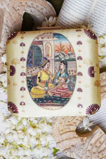Shop Puneet Gupta Multi Color Indian Miniature Art Print Embroidered Clutch Bag Online at Aza Fashions Shop_Puneet Gupta_Multi Color Indian Miniature Art Print Embroidered Clutch Bag _Online_at_Aza_Fashions