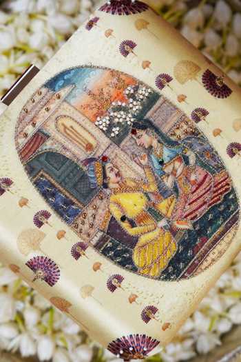 Puneet Gupta Multi Color Indian Miniature Art Print Embroidered Clutch Bag at Aza Fashions Puneet Gupta_Multi Color Indian Miniature Art Print Embroidered Clutch Bag _at_Aza_Fashions