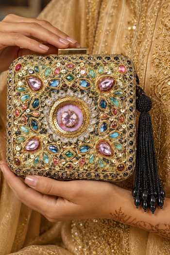 Buy_Puneet Gupta_Multi Color Printed Embroidered Square Clutch Bag _Online_at_Aza_Fashions