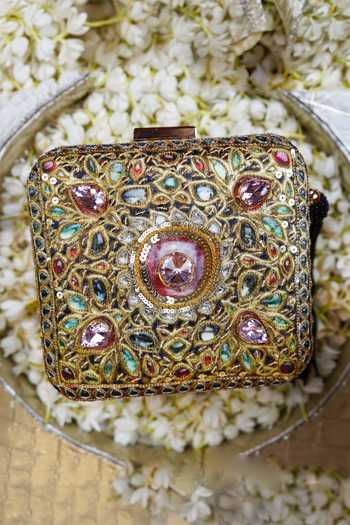 Shop_Puneet Gupta_Multi Color Printed Embroidered Square Clutch Bag _Online_at_Aza_Fashions