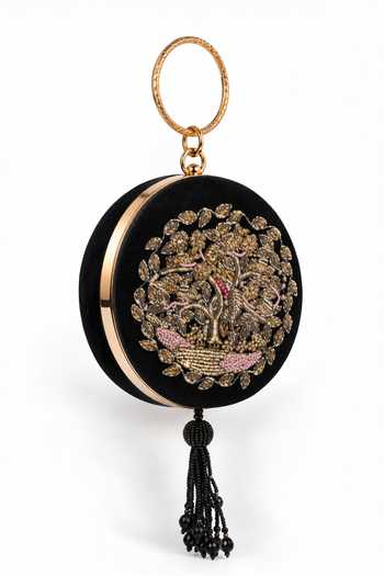 Buy_Puneet Gupta_Black Velvet Tree Of Life Zardozi Embroidered Clutch _Online_at_Aza_Fashions