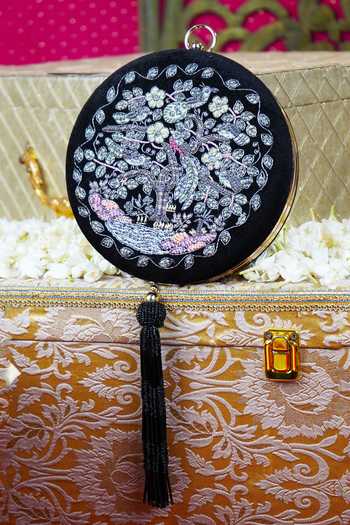 Shop_Puneet Gupta_Black Velvet Tree Of Life Zardozi Embroidered Clutch _Online_at_Aza_Fashions
