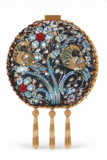 Puneet Gupta Black Jewel Peacock Print Embroidered Round Clutch Online at Aza Fashions Puneet Gupta_Black Jewel Peacock Print Embroidered Round Clutch _Online_at_Aza_Fashions