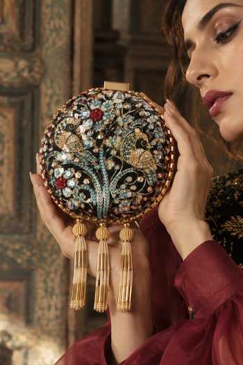 Puneet Gupta Jewel Peacock Print Embroidered Round Clutch