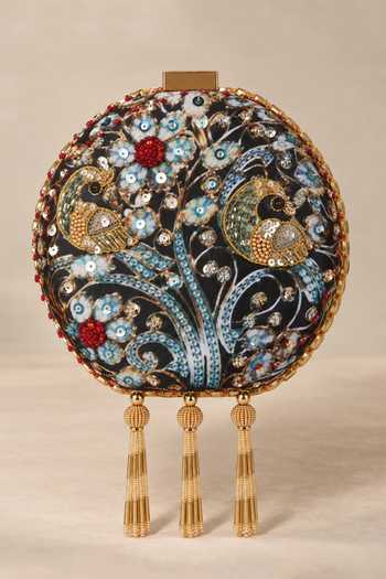 Puneet Gupta Jewel Peacock Print Embroidered Round Clutch
