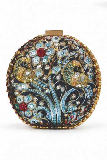 Shop Puneet Gupta Black Jewel Peacock Print Embroidered Round Clutch Online at Aza Fashions Shop_Puneet Gupta_Black Jewel Peacock Print Embroidered Round Clutch _Online_at_Aza_Fashions
