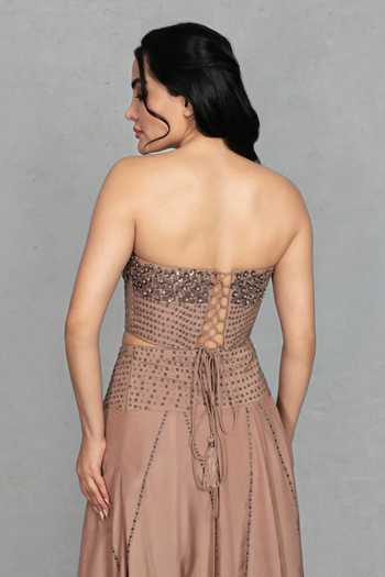 Bohame_Rose Gold Crepe Bandeau Neck Gulistan Embellished Blouse Skirt Set _Online_at_Aza_Fashions
