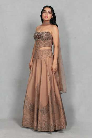 Buy_Bohame_Rose Gold Crepe Bandeau Neck Gulistan Embellished Blouse Skirt Set _Online_at_Aza_Fashions