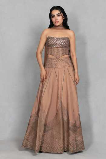 Shop_Bohame_Rose Gold Crepe Bandeau Neck Gulistan Embellished Blouse Skirt Set _Online_at_Aza_Fashions