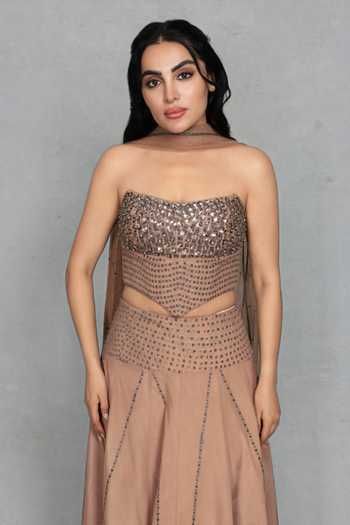 Bohame_Rose Gold Crepe Bandeau Neck Gulistan Embellished Blouse Skirt Set _at_Aza_Fashions