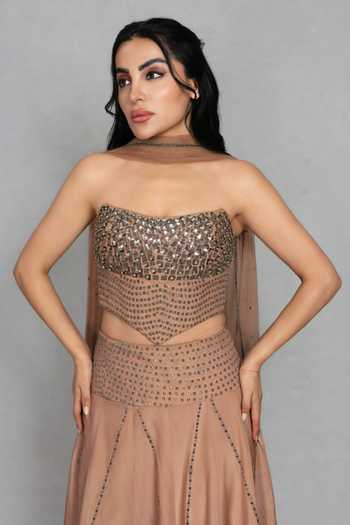 Buy_Bohame_Rose Gold Crepe Bandeau Neck Gulistan Embellished Blouse Skirt Set 