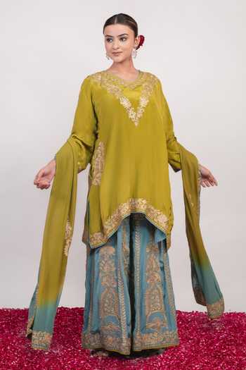 Daljit Sudan Multicolor Georgette, Crepe V-neck Double Colour Embroidered Kurta And Sharara Set Online at Aza Fashions Daljit Sudan_Multicolor Georgette, Crepe V-neck Double Colour Embroidered Kurta And Sharara Set _Online_at_Aza_Fashions