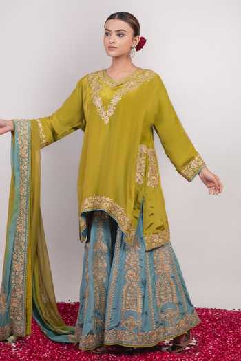 Buy Daljit Sudan Multicolor Georgette, Crepe V-neck Double Colour Embroidered Kurta And Sharara Set Online at Aza Fashions Buy_Daljit Sudan_Multicolor Georgette, Crepe V-neck Double Colour Embroidered Kurta And Sharara Set _Online_at_Aza_Fashions