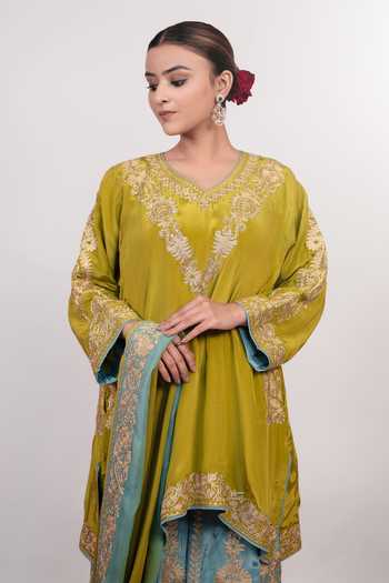 Shop Daljit Sudan Multicolor Georgette, Crepe V-neck Double Colour Embroidered Kurta And Sharara Set Online at Aza Fashions Shop_Daljit Sudan_Multicolor Georgette, Crepe V-neck Double Colour Embroidered Kurta And Sharara Set _Online_at_Aza_Fashions