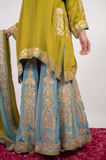 Daljit Sudan Multicolor Georgette, Crepe V-neck Double Colour Embroidered Kurta And Sharara Set at Aza Fashions Daljit Sudan_Multicolor Georgette, Crepe V-neck Double Colour Embroidered Kurta And Sharara Set _at_Aza_Fashions