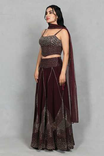 Bohame_Wine Crepe Square Neck Dastoor Embellished Blouse Skirt Set _Online_at_Aza_Fashions