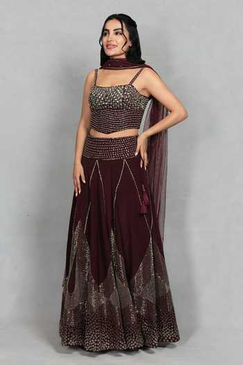 Buy_Bohame_Wine Crepe Square Neck Dastoor Embellished Blouse Skirt Set _Online_at_Aza_Fashions