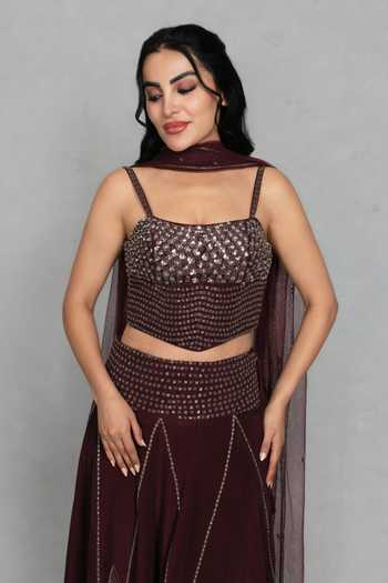 Shop_Bohame_Wine Crepe Square Neck Dastoor Embellished Blouse Skirt Set _Online_at_Aza_Fashions