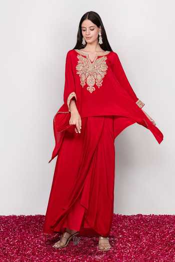 Daljit Sudan Embroidered Red Kaftan & Draped Skirt Set 