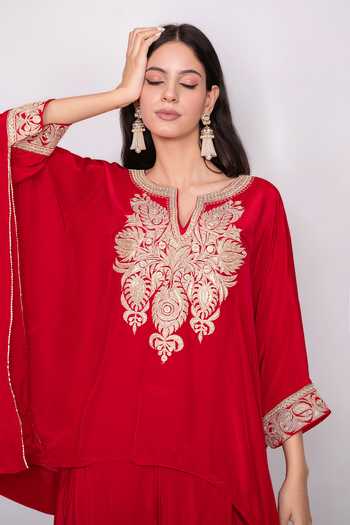 Daljit Sudan Red Crepe V-neck Embroidered Kaftan And Draped Skirt Set Online at Aza Fashions Daljit Sudan_Red Crepe V-neck Embroidered Kaftan And Draped Skirt Set _Online_at_Aza_Fashions