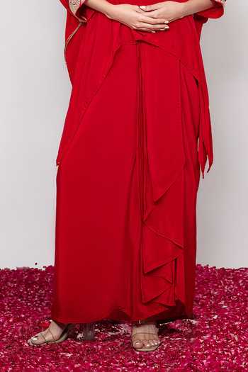 Shop Daljit Sudan Red Crepe V-neck Embroidered Kaftan And Draped Skirt Set Online at Aza Fashions Shop_Daljit Sudan_Red Crepe V-neck Embroidered Kaftan And Draped Skirt Set _Online_at_Aza_Fashions