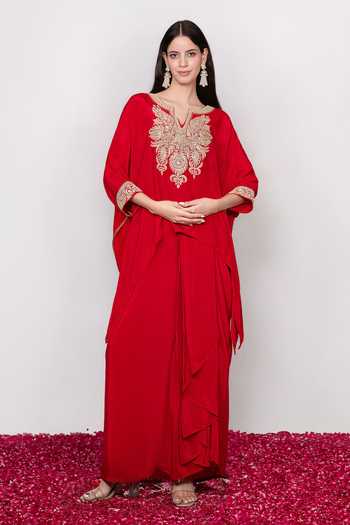 Daljit Sudan Embroidered Red Kaftan & Draped Skirt Set 