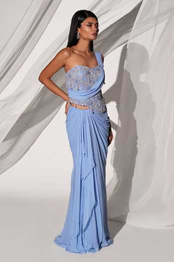 Shop_Kiyohra_Blue Georgette Sweetheart Neck, One Cora Draped Blouse And Saree Skirt Set _Online_at_Aza_Fashions