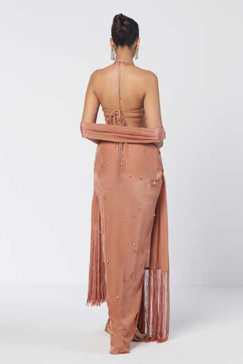 Rishi And Vibhuti Biscoff Crush Embroidered Bralette Draped Skirt Set